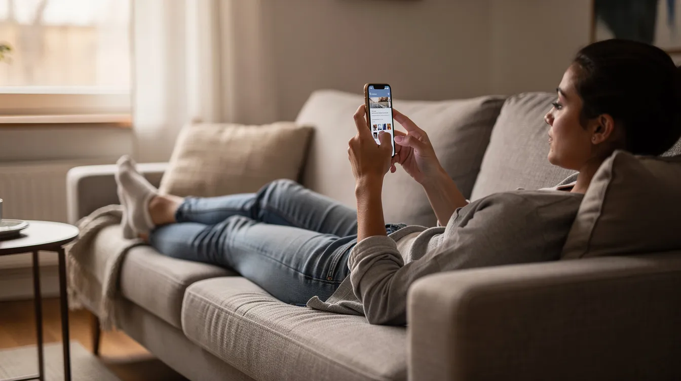 A person is comfortably lounging on a couch, engrossed in their smartphone, possibly exploring various online casinos or checking out their favorite games. The scene conveys a relaxed atmosphere, highlighting the convenience of mobile gaming and secure transactions available through platforms like Bethall.