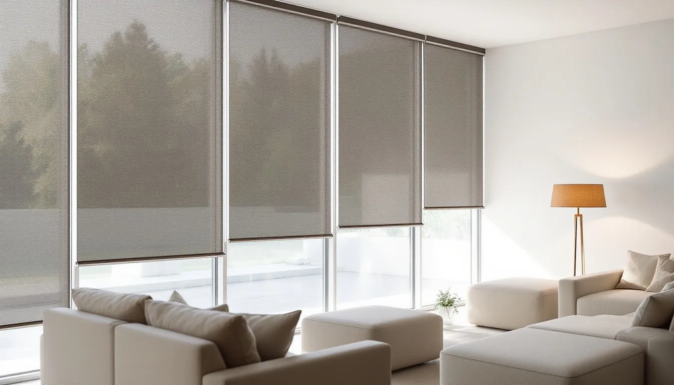 Different types of roller shades displayed in a stylish interior setting.