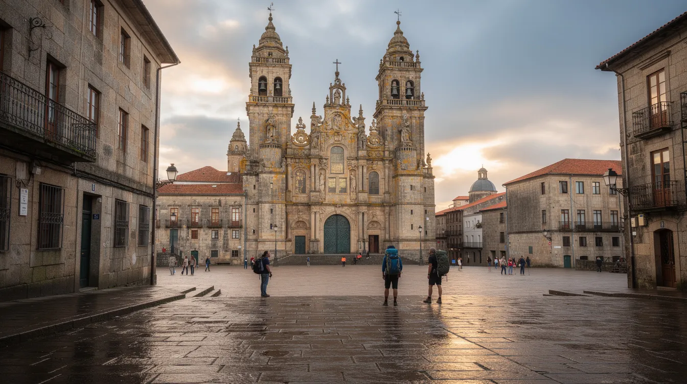 Imagem de Santiago de Compostela, na Espanha, mostrando a famosa Catedral, um importante ponto turístico e religioso. A cidade é conhecida por suas ruas de paralelepípedos e pela rica história que remonta ao século IX, atraindo visitantes de todo o mundo.