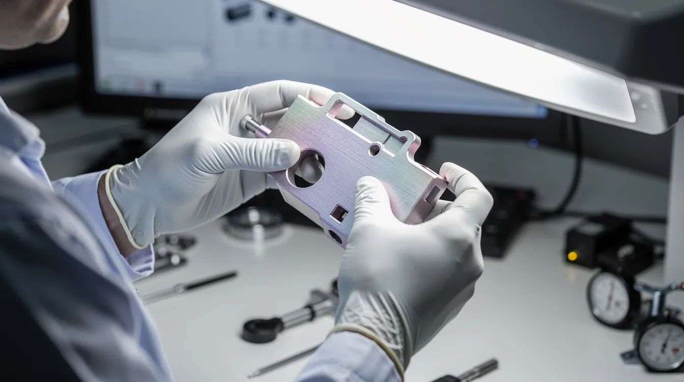 An engineer wearing gloves inspects a shiny anodized aluminum part under bright inspection lighting at a quality control station, ensuring the integrity of the anodized oxide layer for optimal corrosion resistance and wear resistance. The inspection focuses on the coating thickness and surface finish of the aluminum components, crucial for maintaining tight tolerances in CNC machining.