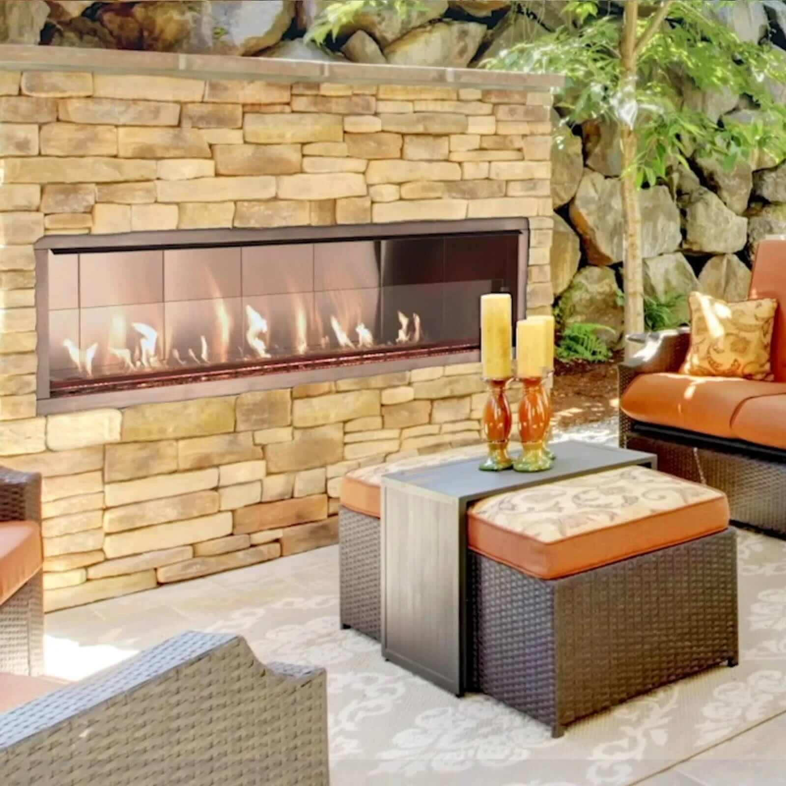 Fireplace in the outdoor with sofa