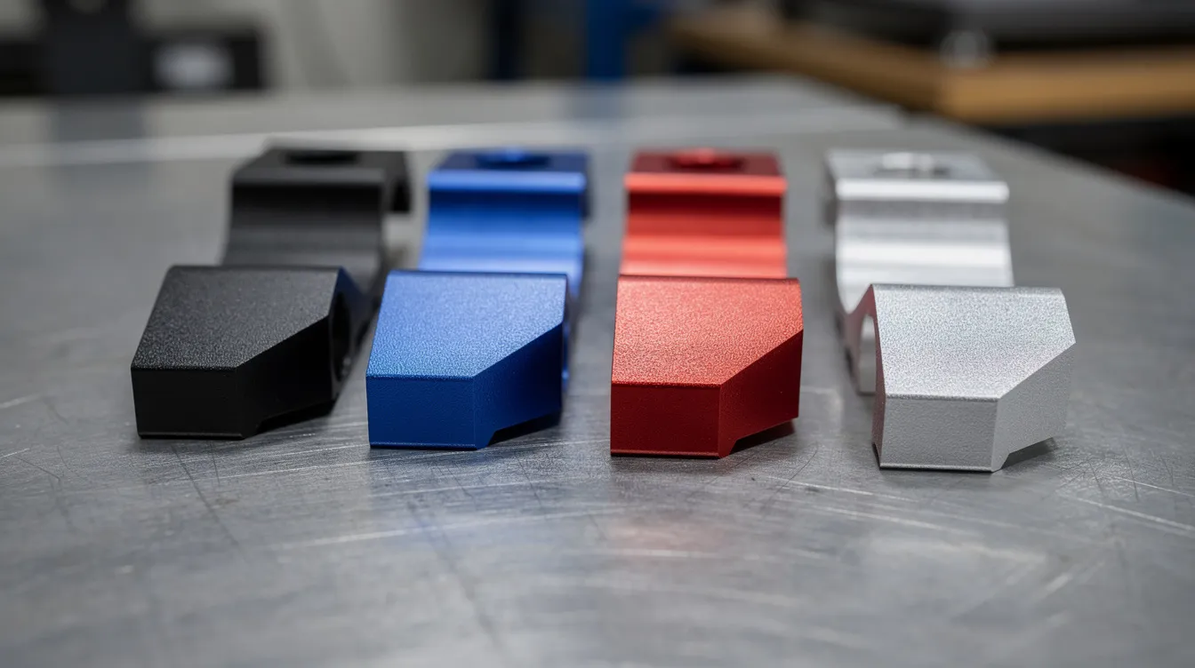 A close-up view of several anodized aluminum parts showcases a variety of colors, including black, blue, red, and natural silver finishes, all arranged neatly on a metal workbench. These anodized parts feature a thin oxide layer that enhances corrosion resistance and wear resistance, highlighting the quality of CNC machining and the anodizing process used for surface treatment.