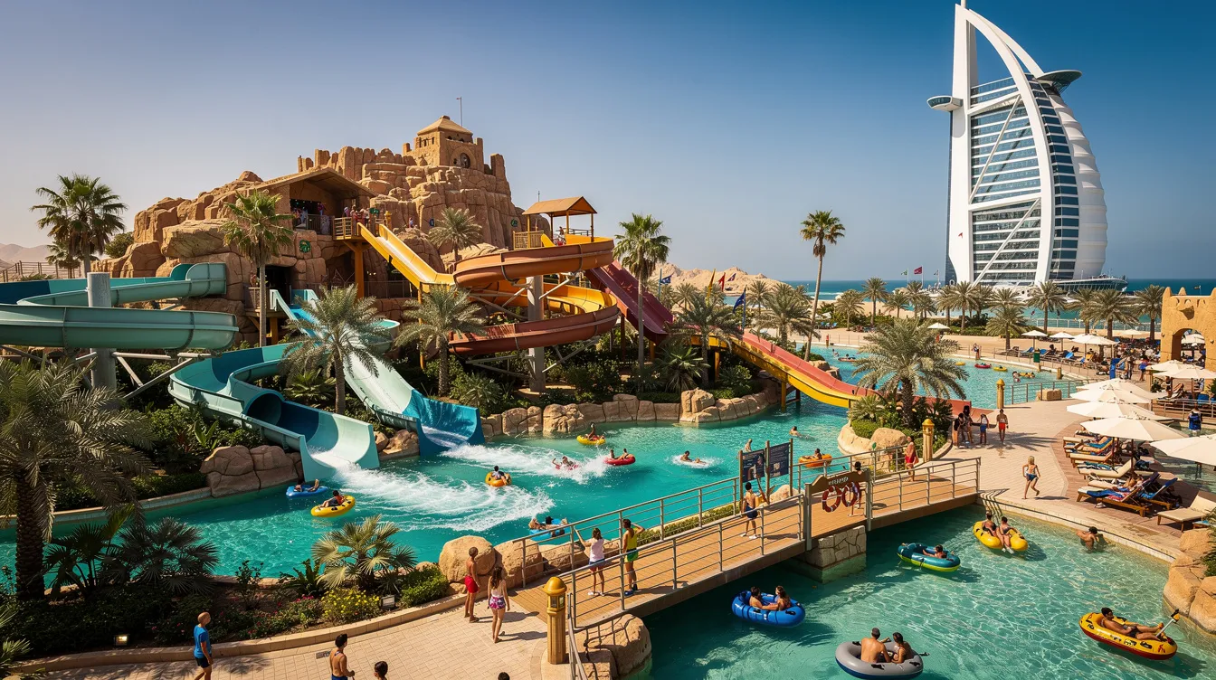 A imagem mostra o Wild Wadi, um famoso parque aquático localizado em Dubai, Emirados Árabes Unidos. O cenário é repleto de toboáguas emocionantes, áreas para relaxamento e uma vista deslumbrante do horizonte da cidade, com palmeiras e águas cristalinas que refletem o sol do Golfo Pérsico.
