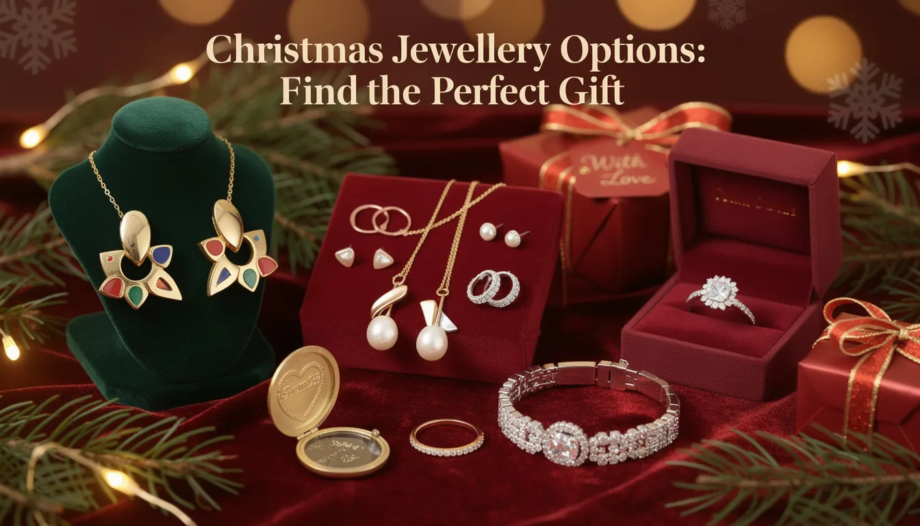 The image showcases a variety of Christmas jewellery options, including eye-catching earrings, elegant necklaces, and timeless rings, all beautifully arranged to highlight their unique designs. This collection features pieces crafted from gold and silver, perfect for gifting to loved ones during the festive season.