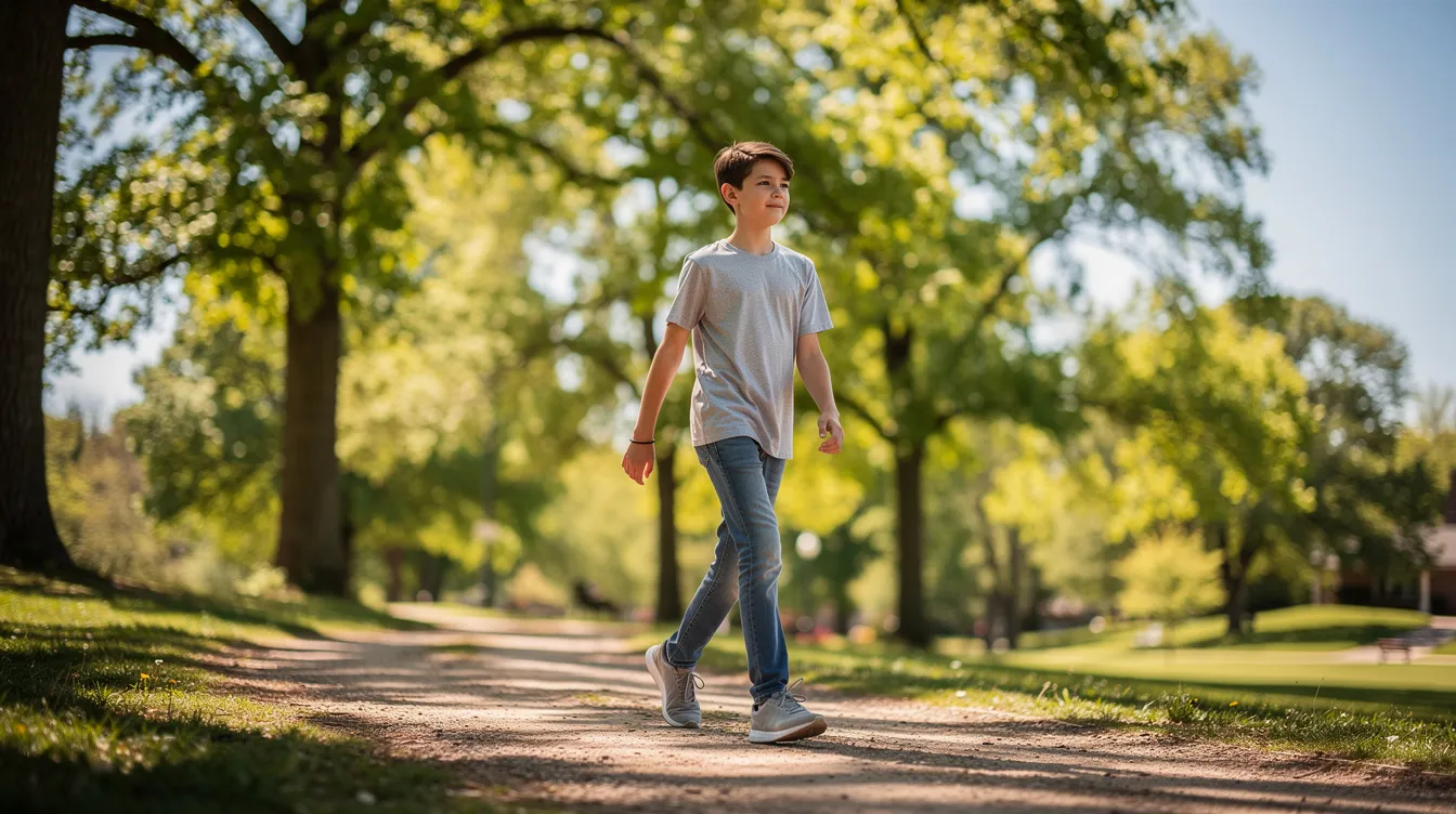 A teenager is walking along a sunny trail, surrounded by trees, embodying the vitality of youth while enjoying the benefits of physical activity. This scene contrasts with the challenges faced by those with chronic fatigue syndrome, who may experience extreme tiredness and low mood during their daily lives.