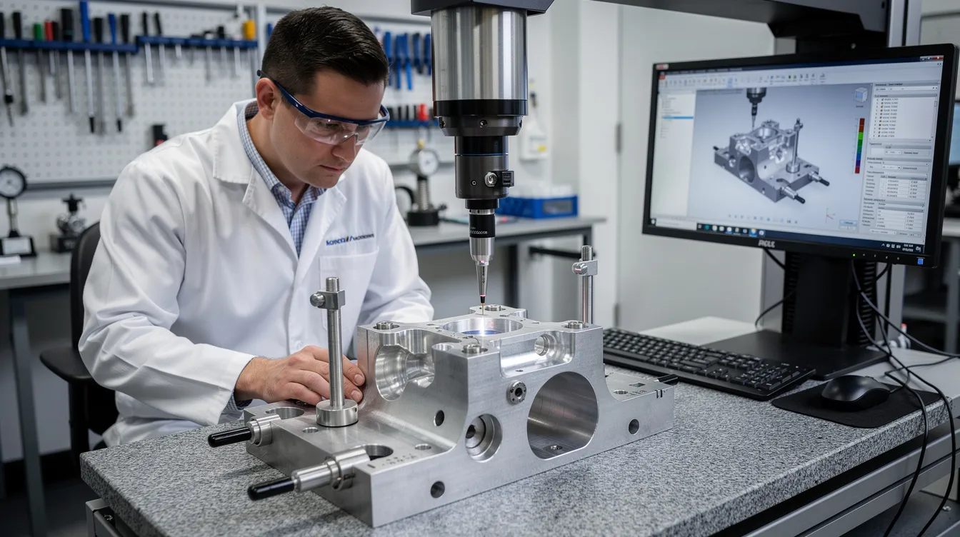 A quality control inspector is using a coordinate measuring machine to verify the dimensions of a CNC milled part, ensuring precision and accuracy in the production process. The inspector checks the functional parts against specifications, highlighting the importance of quality in CNC machining operations.