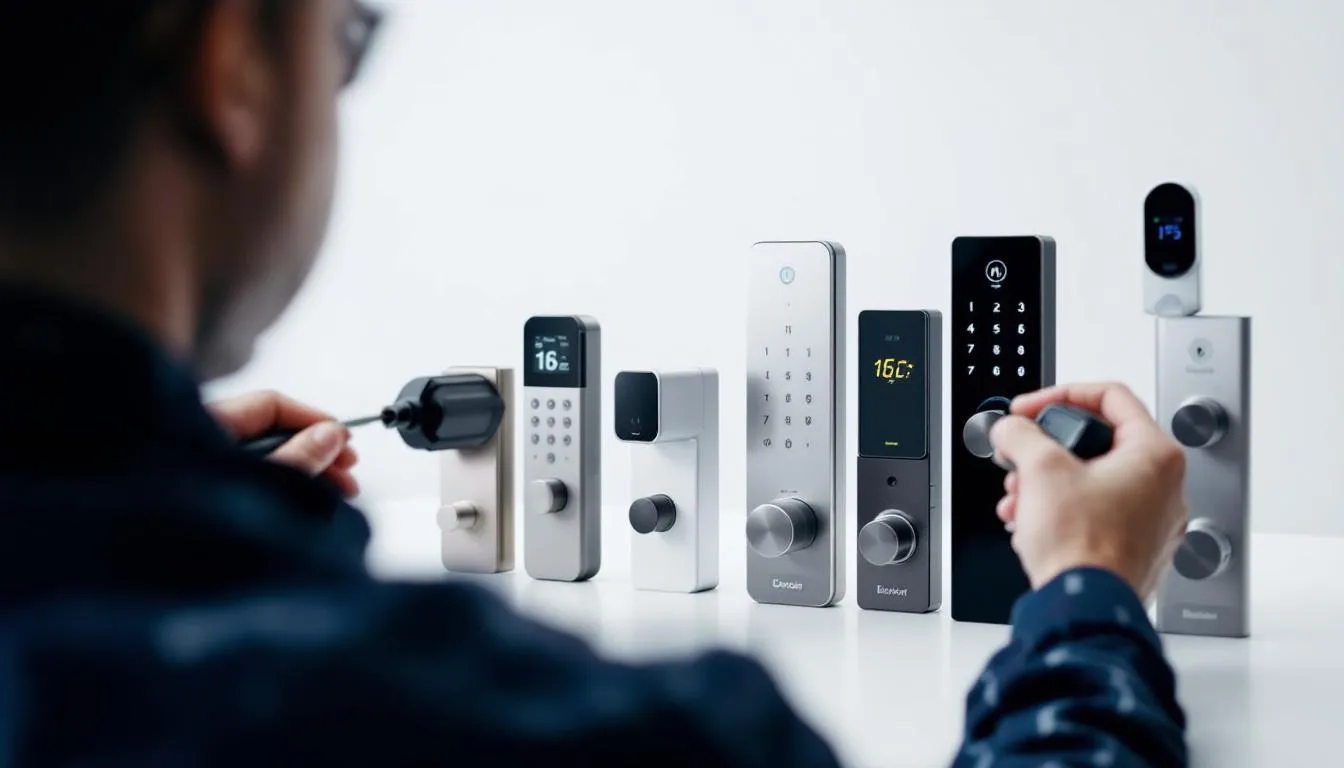 A professional examining smart door locks from various manufacturers to determine quality and reliability.