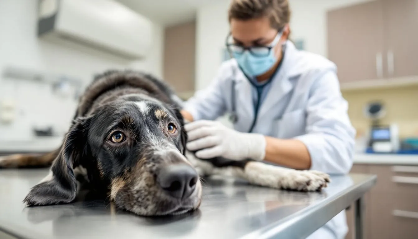 A veterinarian is examining a dog