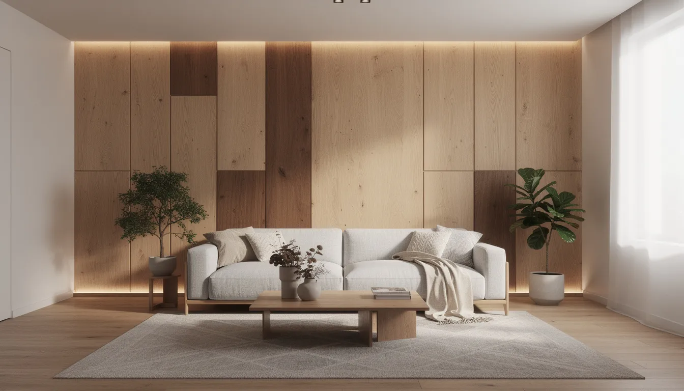 Een stijlvolle woonkamer met duurzame houten wandpanelen en sfeervolle LED-verlichting creëert een uitnodigende ambiance. De hoogwaardige LED-strips accentueren de moderne esthetiek van het interieurontwerp en zorgen voor een ontspannen sfeer.