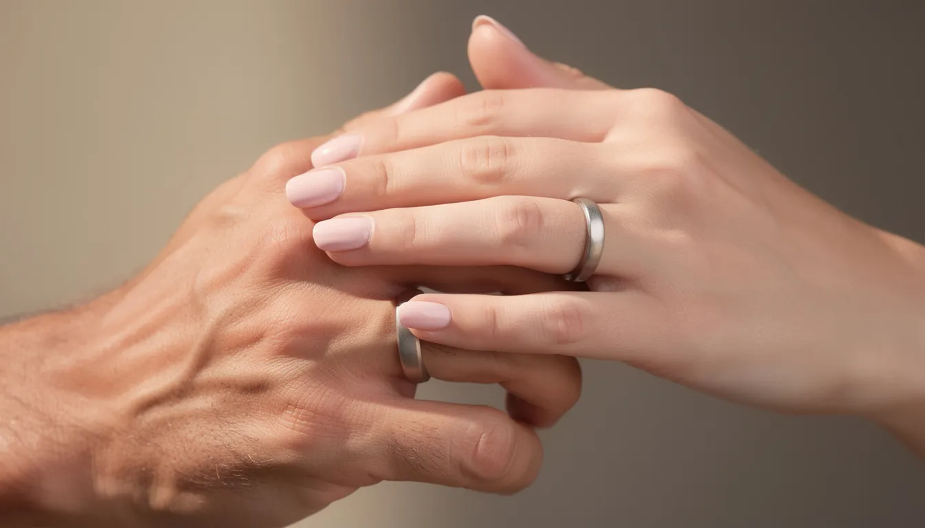 Obrączki tytanowe – nowoczesna alternatywa dla złota 14 Na zdjęciu widoczna jest dłoń mężczyzny i kobiety, które trzymają się nawzajem, obie ozdobione tytanowymi obrączkami. Te wyjątkowe obrączki tytanowe charakteryzują się nowoczesnym wyglądem oraz wysoką trwałością, co sprawia, że są idealnym wyborem na obrączki ślubne.