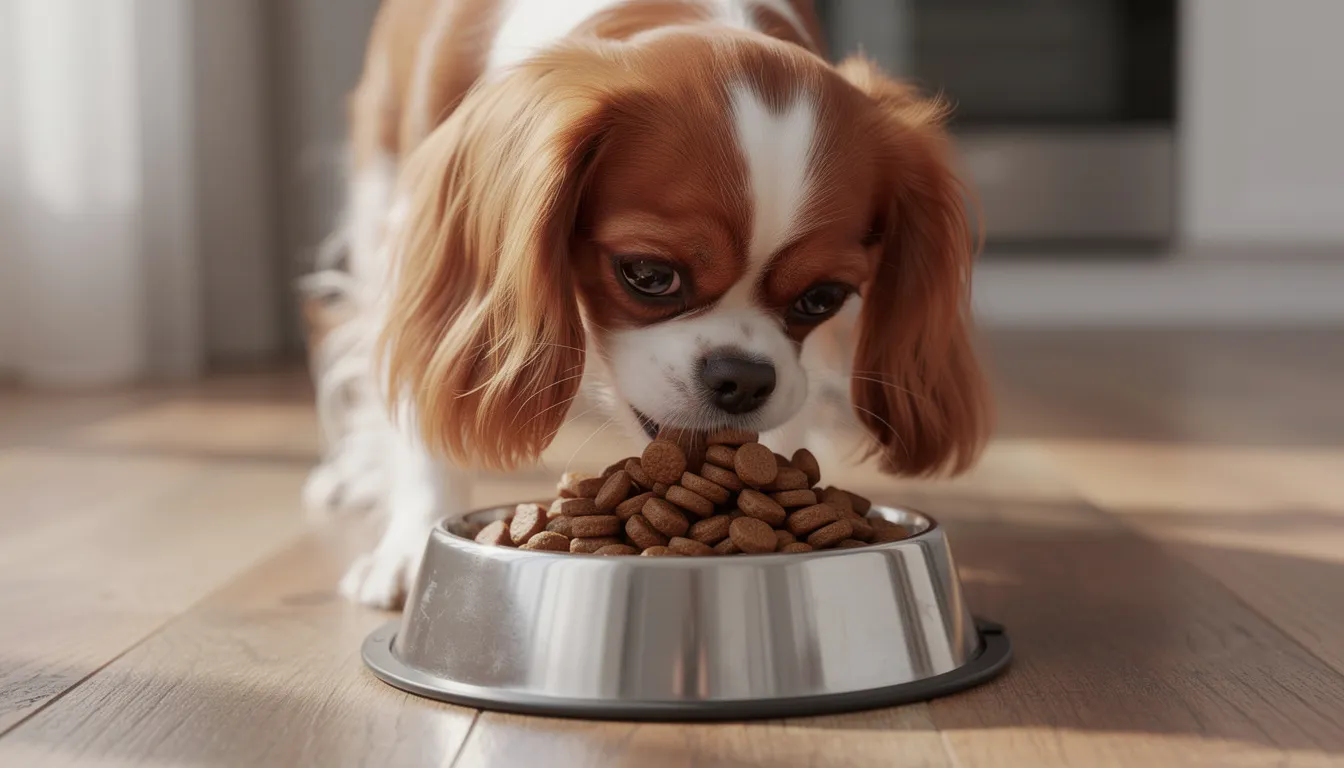 An English Toy Spaniel is happily eating high-quality kibble from a dog bowl, showcasing its small size and distinctive features such as a domed head and short nose. The dog's black and tan coat shines as it enjoys its meal, embodying the affectionate nature typical of this delightful breed.