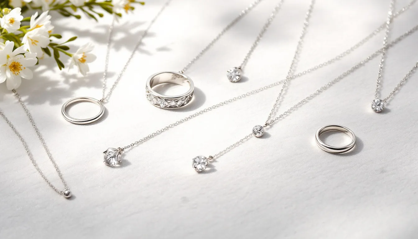 The image showcases an elegant collection of sterling silver jewelry, including intricately designed silver earrings, necklaces, and rings, all highlighting the quality and craftsmanship of precious metals. Each piece is beautifully displayed, emphasizing their timeless style and suitability for various occasions.