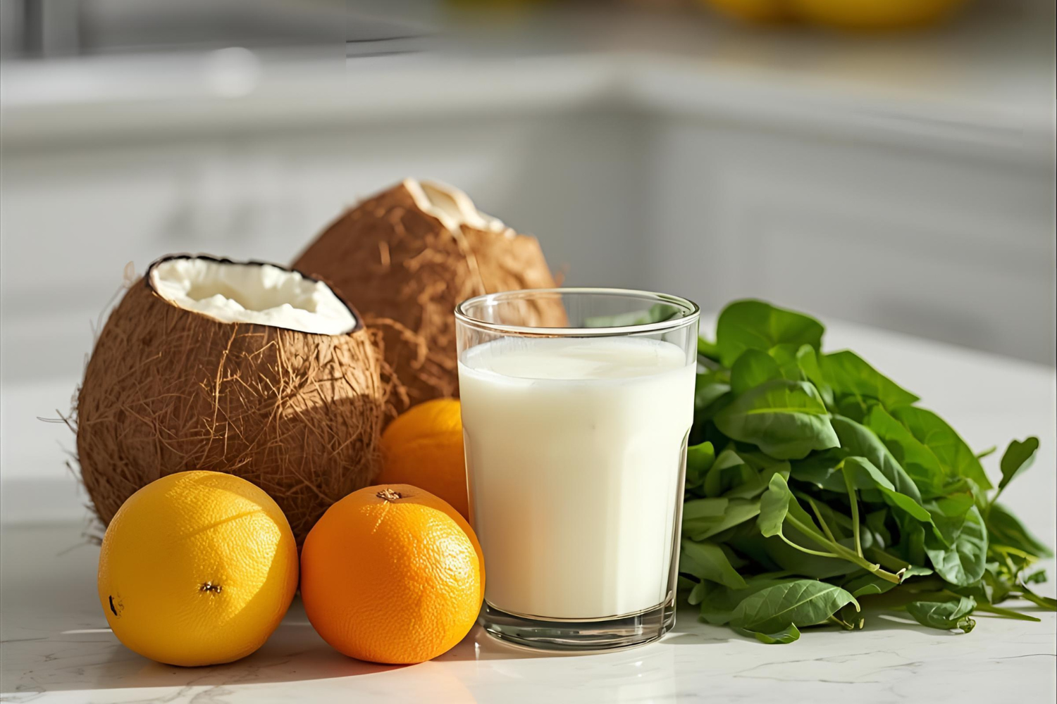 Coconut water, fruits, and leafy greens as natural electrolyte sources.