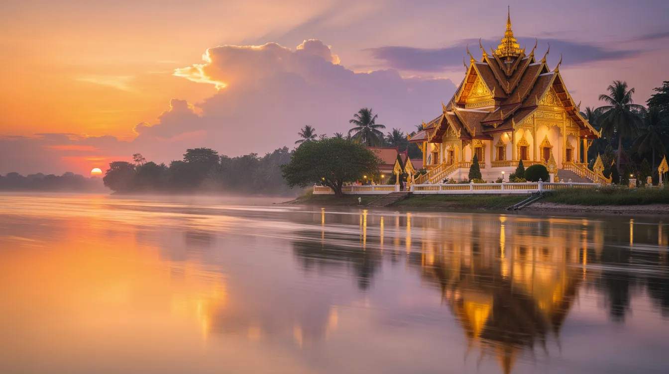 Imagem de um templo dourado tailandês ao pôr do sol, refletindo suas cores vibrantes em um rio calmo. O cenário transmite uma sensação de tranquilidade, destacando a beleza da Tailândia e seu rico patrimônio cultural.