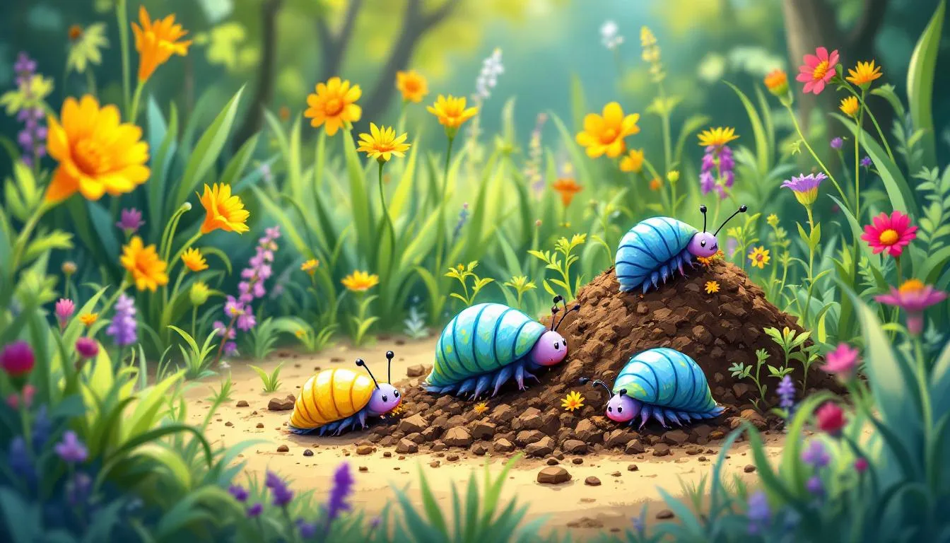 A garden scene depicting woodlice feeding on compost heaps.