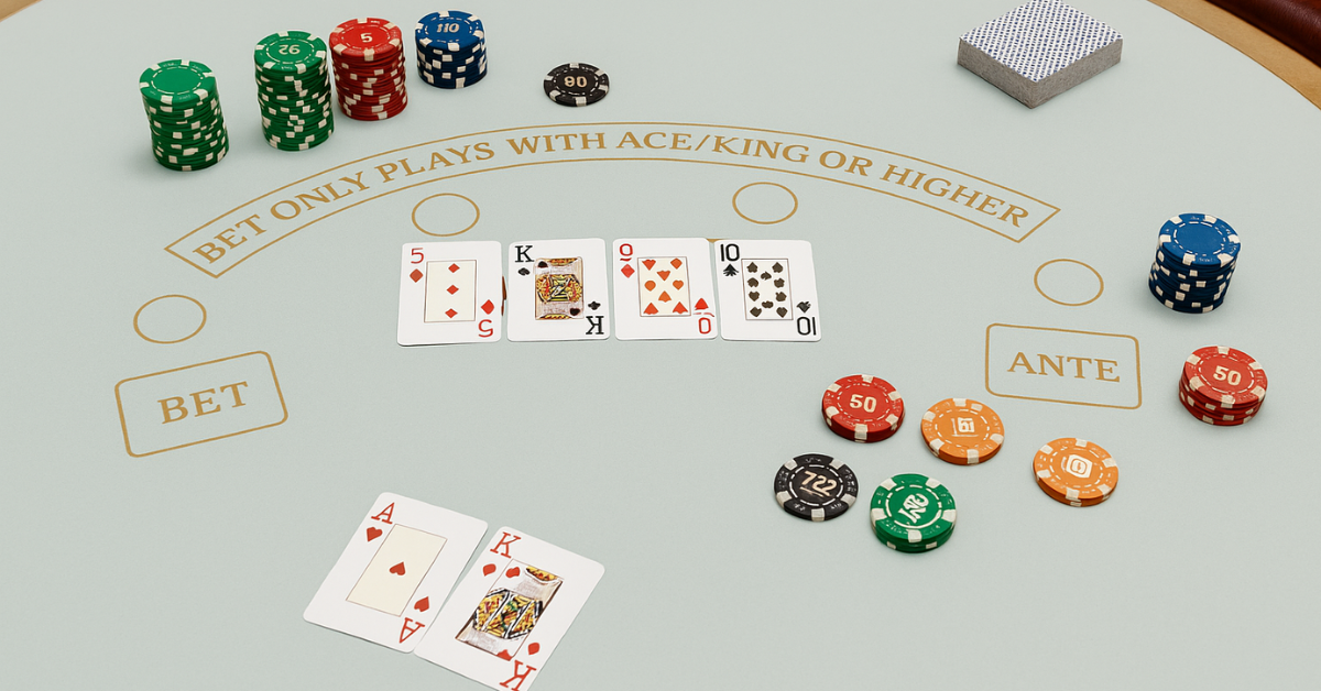 People playing cards at a casino gaming table with chips, cards, and a dealer's hands visible.