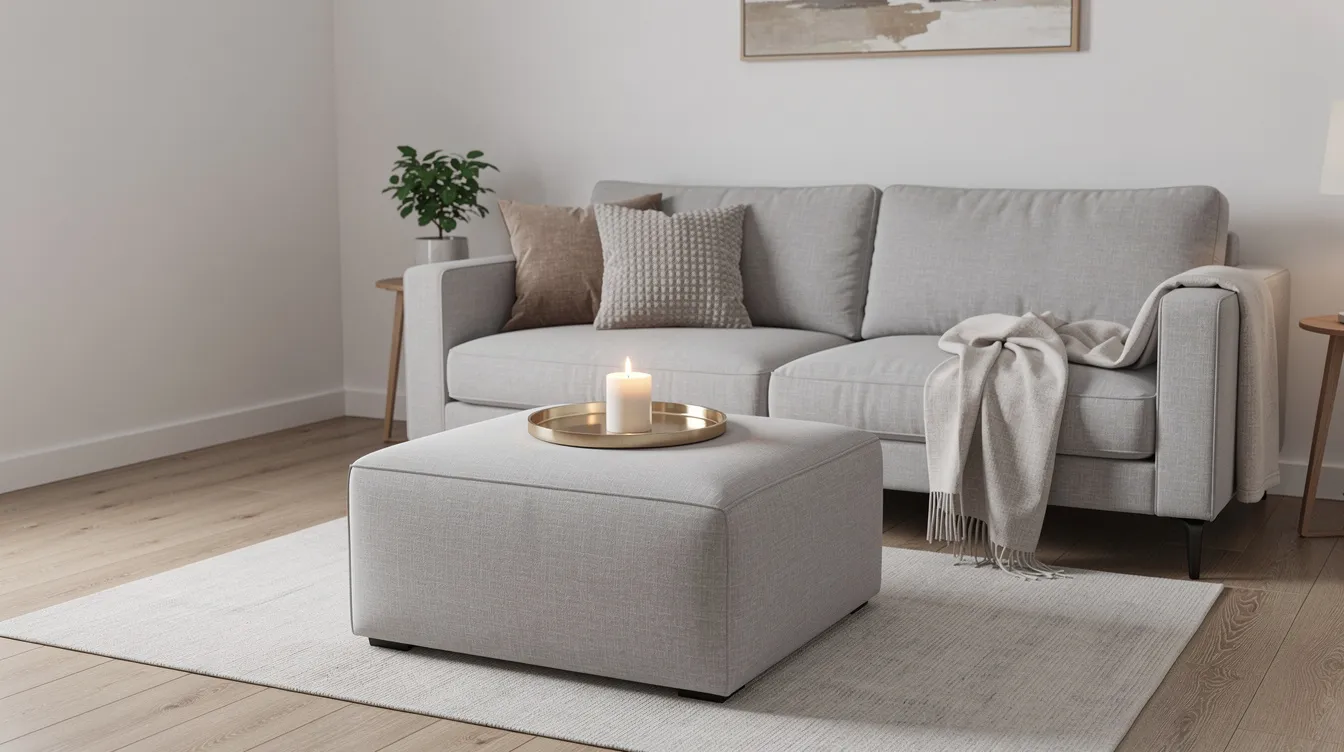 Ett litet vardagsrum med en fyrkantisk sittpuff med förvaring placerad framför en grå soffa. På sittpuffen ligger en bricka med ett ljus, vilket ger en mysig detalj till inredningen.