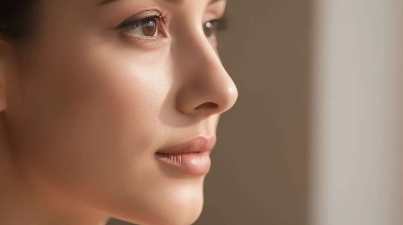 A close-up side profile of a woman showcases her smooth, straight nasal bridge enhanced by a refined nasal tip, illuminated by soft natural lighting. This image highlights the aesthetic results of either surgical rhinoplasty or a non-surgical nose job, emphasizing her balanced facial features and the overall improvement in her nasal appearance.