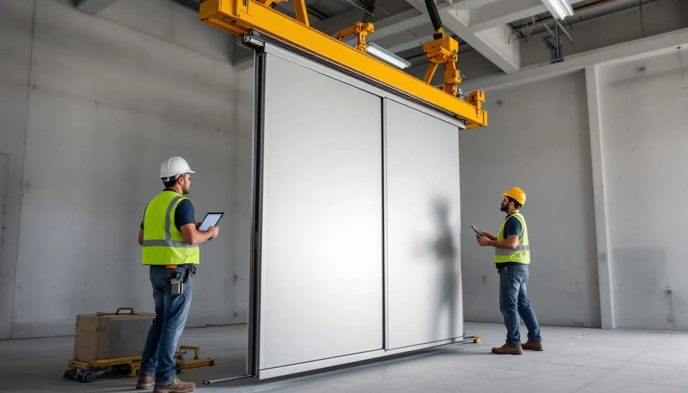 Installateurs positioneren zorgvuldig een grote aluminium schuifpui van 8 meter met behulp van hefapparatuur. De schuifpui, met een ultramodern design, wordt nauwkeurig gemonteerd om een perfecte isolatie en schitterend uitzicht te bieden.