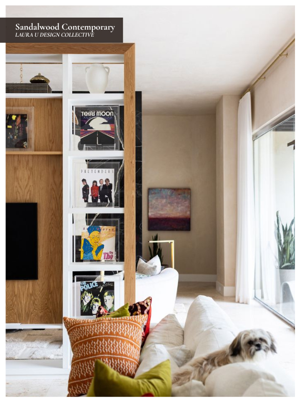 the Sandalwood Contemporary living room; a detail photo with chairs, an ottoman, and a sofa
