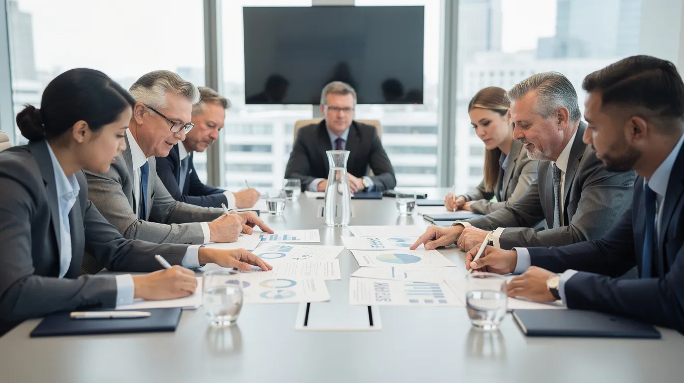 Een groep mensen zit rond een vergadertafel en bekijkt samen documenten, wat wijst op een samenwerking tussen verschillende stakeholders. Deze bijeenkomst kan gericht zijn op het analyseren van de verwachtingen en belangen van zowel interne als externe belanghebbenden in een nieuwe projectfase.
