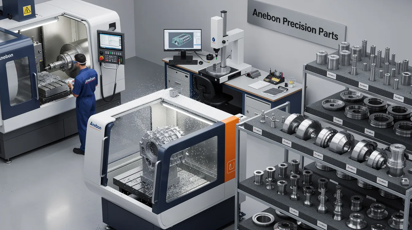 The image showcases a modern CNC machining setup, featuring various machine tools such as a CNC lathe and CNC milling machine, which are used in the manufacturing process to produce high precision parts. The scene highlights the use of computer-aided design (CAD) and CNC programming, illustrating the advanced technology and automated manufacturing capabilities involved in creating complex components with tight tolerances.