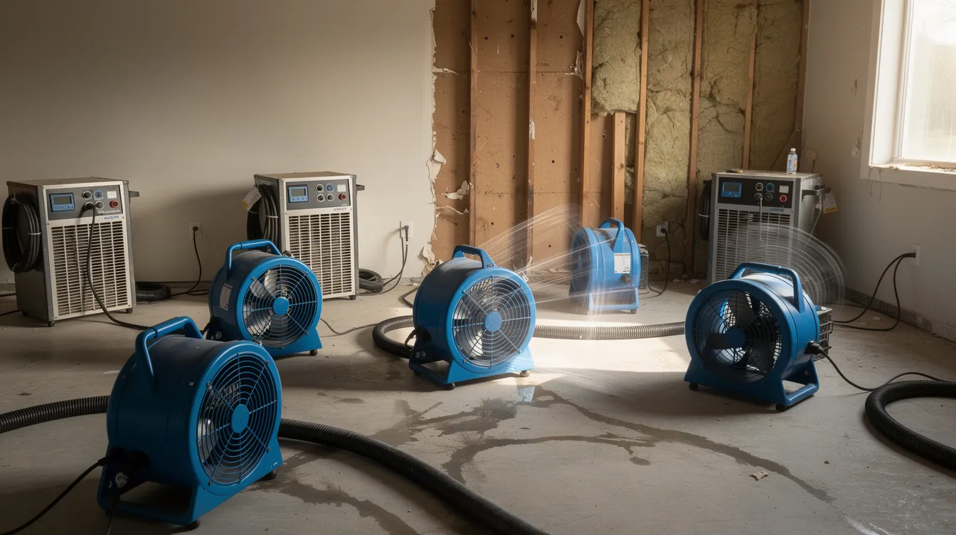 The image shows commercial air movers and dehumidifiers actively operating in a room with exposed wall cavities, indicating a water damage restoration process. This setup is essential for addressing issues like plumbing leaks and preventing mold growth by ensuring complete drying and maintaining indoor air quality.