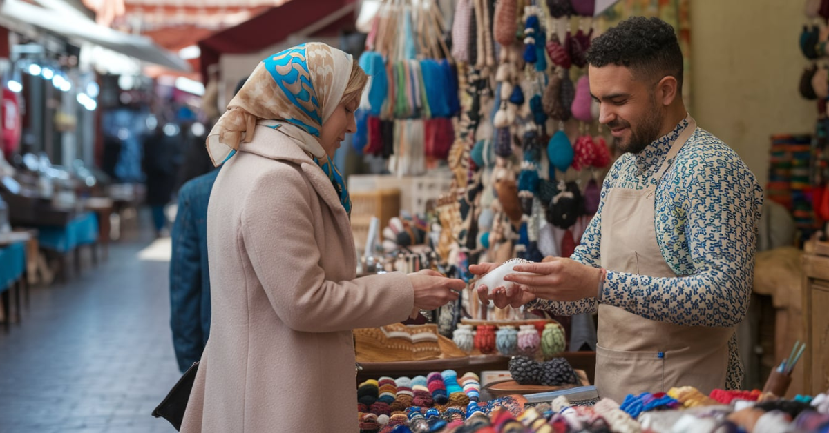 A traveler purchasing handcrafted goods from a local artisan in a Moroccan market.