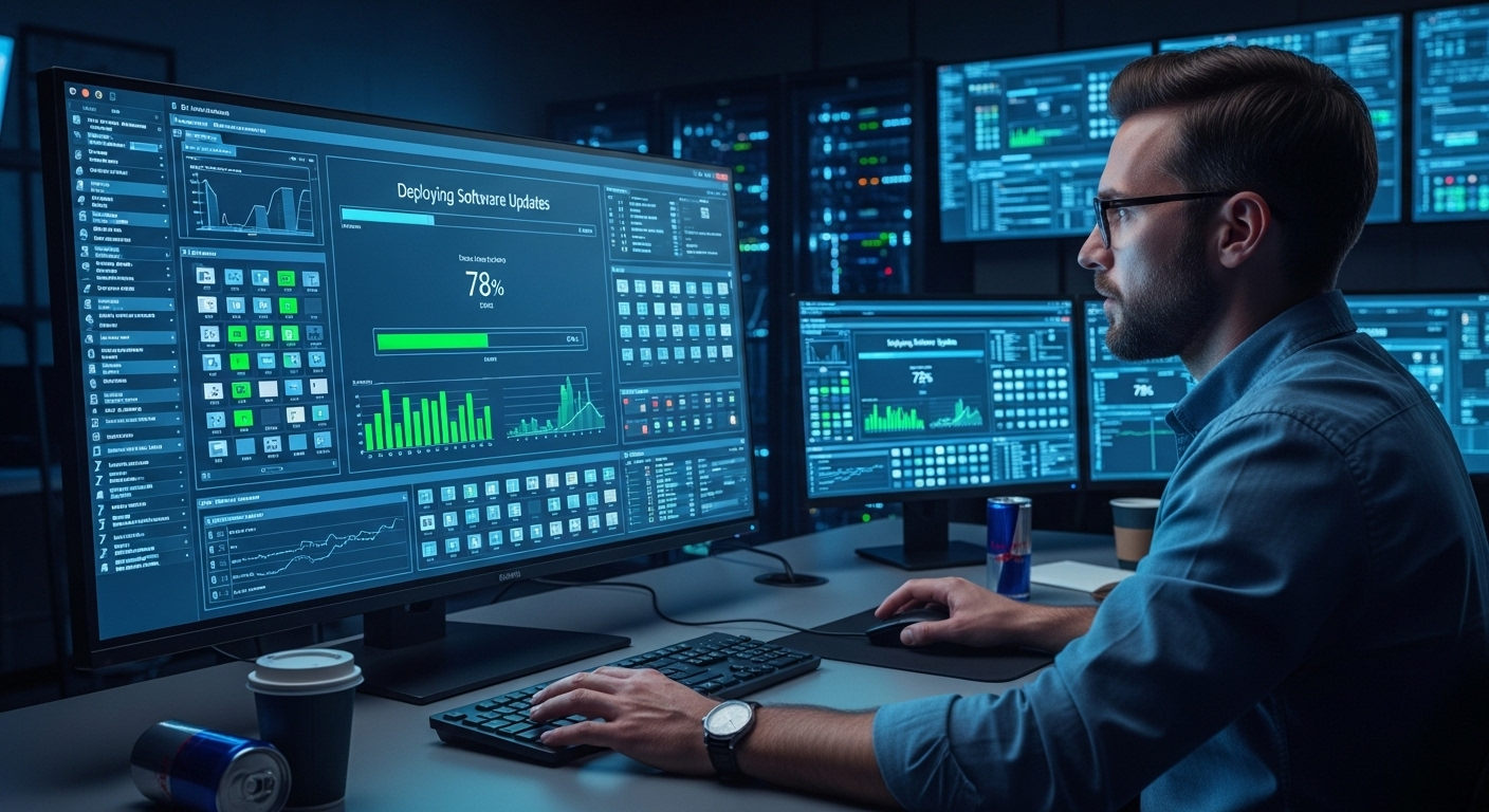 IT administrator deploying software updates to hundreds of virtual desktops from a single control panel.