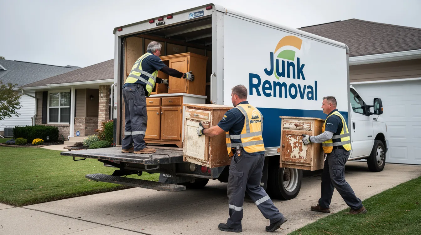 A professional crew is seen loading old kitchen cabinets into a junk removal truck, showcasing their expertise in construction debris removal. This scene highlights the importance of post construction cleanup, ensuring the job site is clear of dust and debris for a welcoming and move-in ready space.