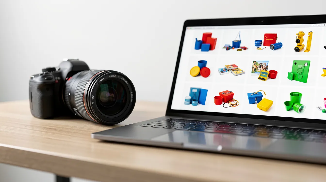 The image features a camera lens placed next to a laptop, which displays vibrant product photographs, showcasing the importance of high-quality visuals in generative tasks. This setup highlights the intersection of photography and technology, where deep learning models can enhance image generation through the use of contextual relationships and data augmentation techniques.