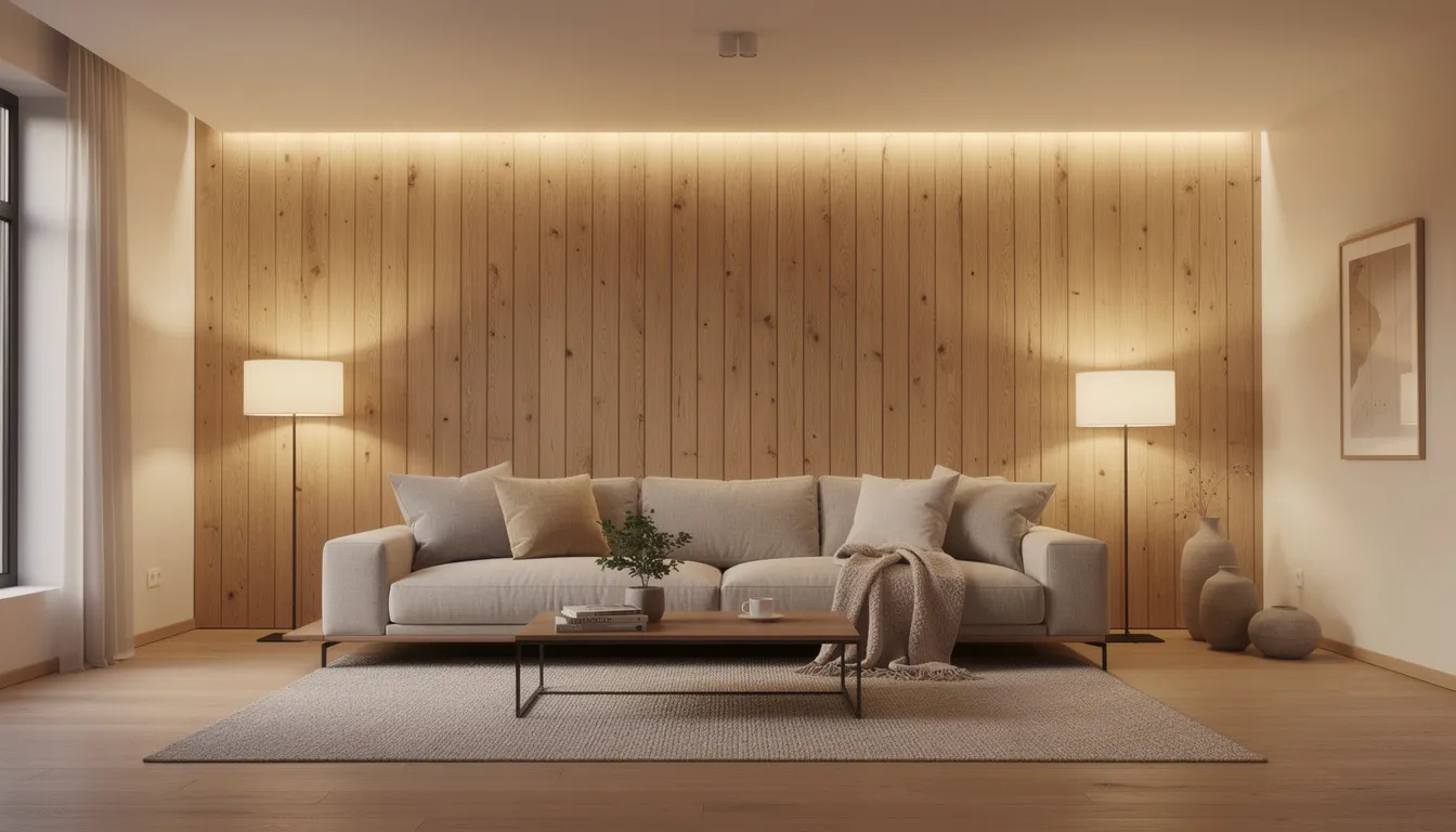 Een moderne woonkamer met grote houten wandpanelen die achter een comfortabele bank zijn geplaatst, verlicht door warme sfeerverlichting. De houten panelen zorgen voor een stijlvolle uitstraling en verbeteren de akoestiek van de ruimte.