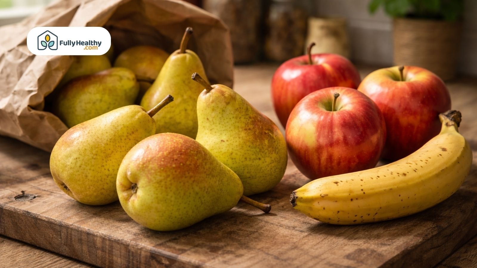 Pears ripening in brown paper bag with apples and ripe banana