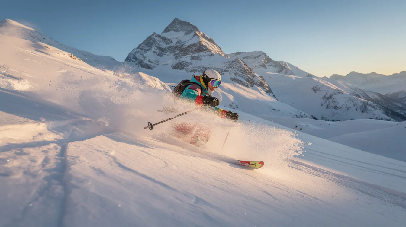 A skier is gracefully descending a powdery slope surrounded by majestic mountains in a winter landscape, wearing a comfortable insulated jacket designed for cold weather. The scene captures the thrill of outdoor activities in a pristine snowy environment, highlighting the skier's agility and the beauty of the snow-covered terrain.