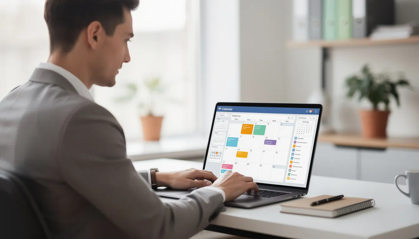 A professional is focused on a laptop displaying a calendar application, likely planning for important dates related to parental leave, such as the due date for a new baby or scheduling time off for statutory maternity or paternity leave. The scene emphasizes the importance of managing time effectively during significant family events.