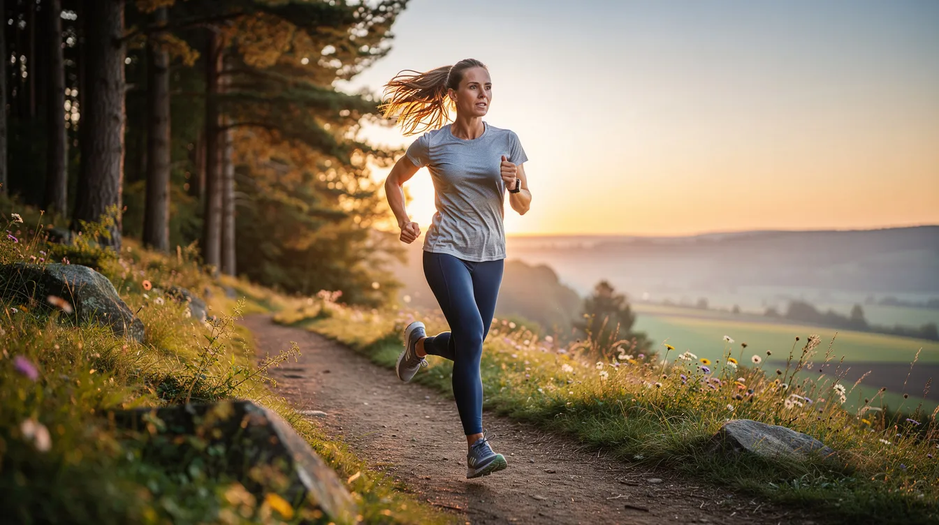 A woman jogs through a serene natural landscape, embodying the healing journey and the importance of self-care in her life. This moment reflects her commitment to mental health and moving forward from past unhealthy relationships, as she takes time to practice self-compassion and embrace new beginnings.