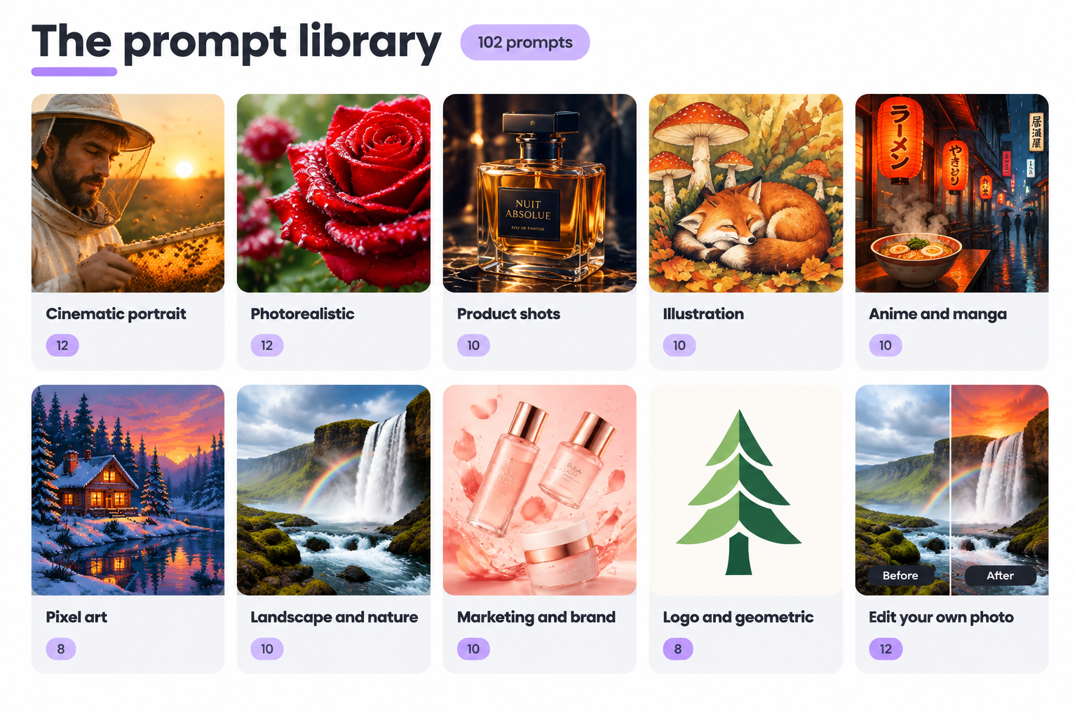 Grid preview of the 10 categories inside the prompt library
