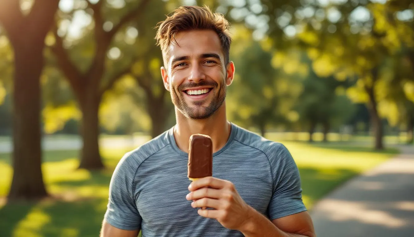 An athletic person is sitting on a park bench outdoors, enjoying a delicious low calorie ice cream bar with a creamy chocolate coating after a workout. The scene captures a refreshing moment of relaxation, highlighting the enjoyment of a frozen treat in a vibrant, sunny environment.