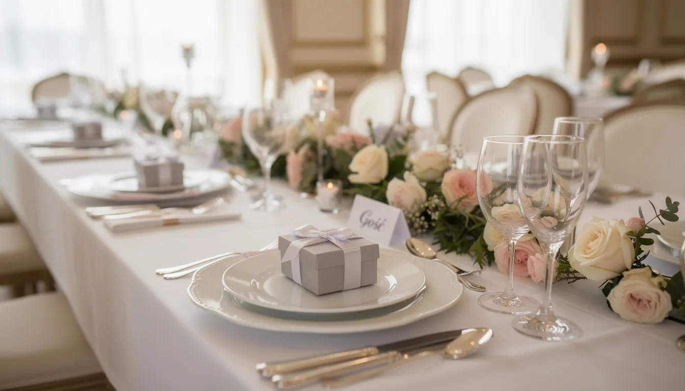 Praktyczne Prezenty Dla Gości Weselnych – Pomysły Na 2026 Rok 12 Na elegancko nakrytym weselnym stole znajdują się talerze, a obok nich małe pakiety prezentów dla gości, które stanowią miły gest podziękowania dla zaproszonych gości. Upominki te mogą mieć oryginalny charakter, nawiązując do daty ślubu lub imion pary młodej.
