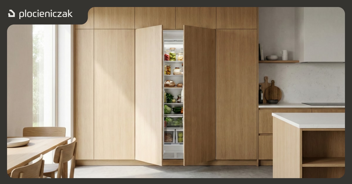 Lodówka do zabudowy ukryta za frontem meblowym w minimalistycznej kuchni – otwarte drzwi pokazują wnętrze chłodziarki