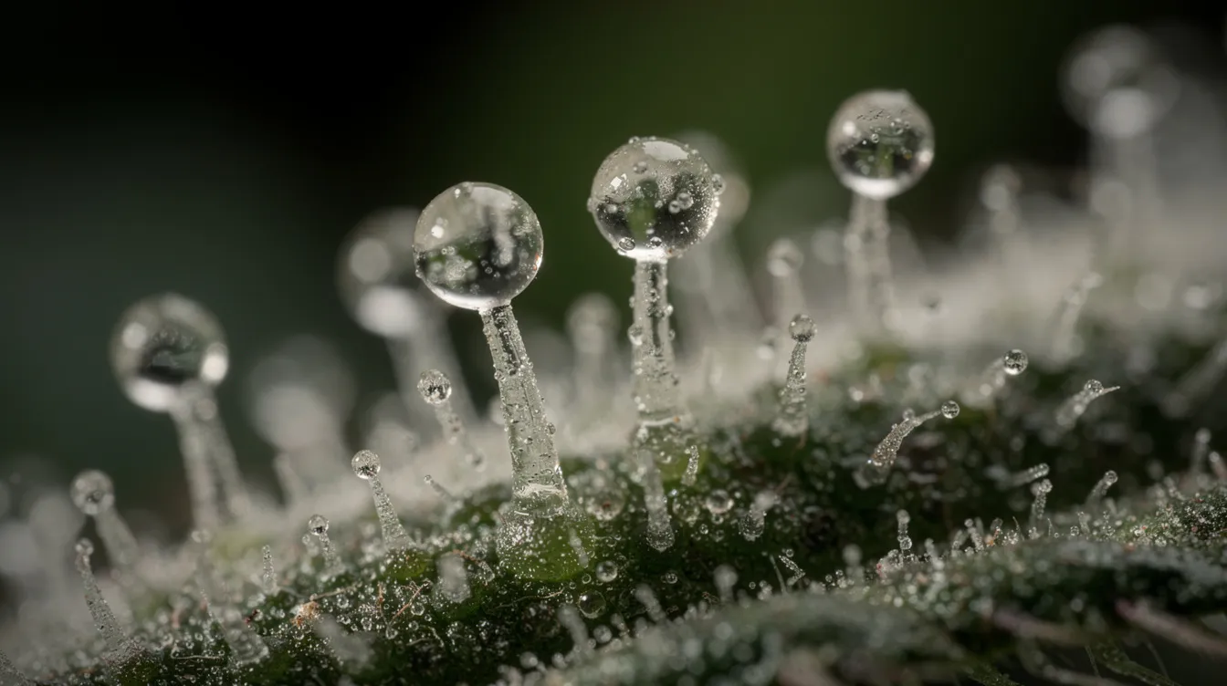 The image shows a close-up view of cannabis trichomes, which appear as small mushroom-shaped structures with round heads, highlighting the glandular trichomes that produce resin on cannabis buds. This detailed view is essential for growers to determine the right time to harvest cannabis, as the trichome color indicates the plant's maturity and potency.