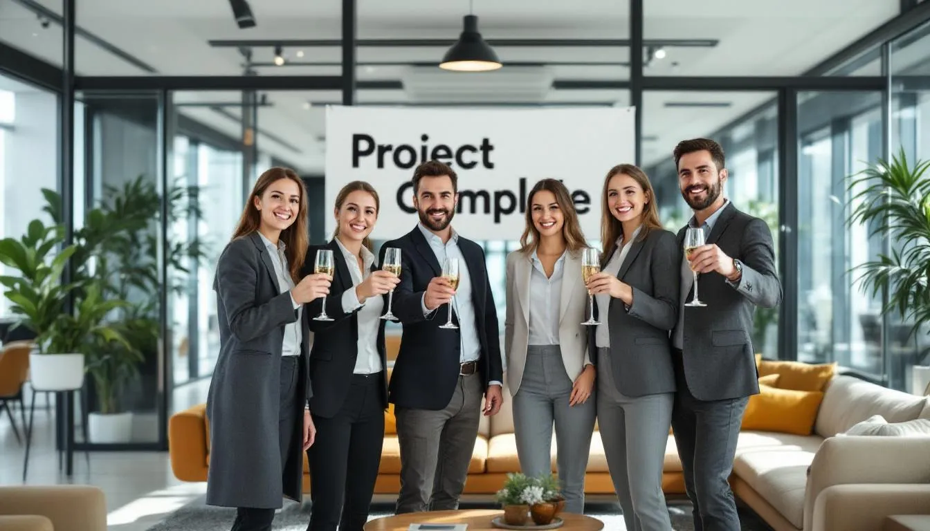 In a modern office setting, a diverse team of professionals celebrates the successful completion of a project, showcasing a sense of achievement and collaboration. The atmosphere reflects the essence of change management, emphasizing teamwork and the positive impact of organizational change initiatives.