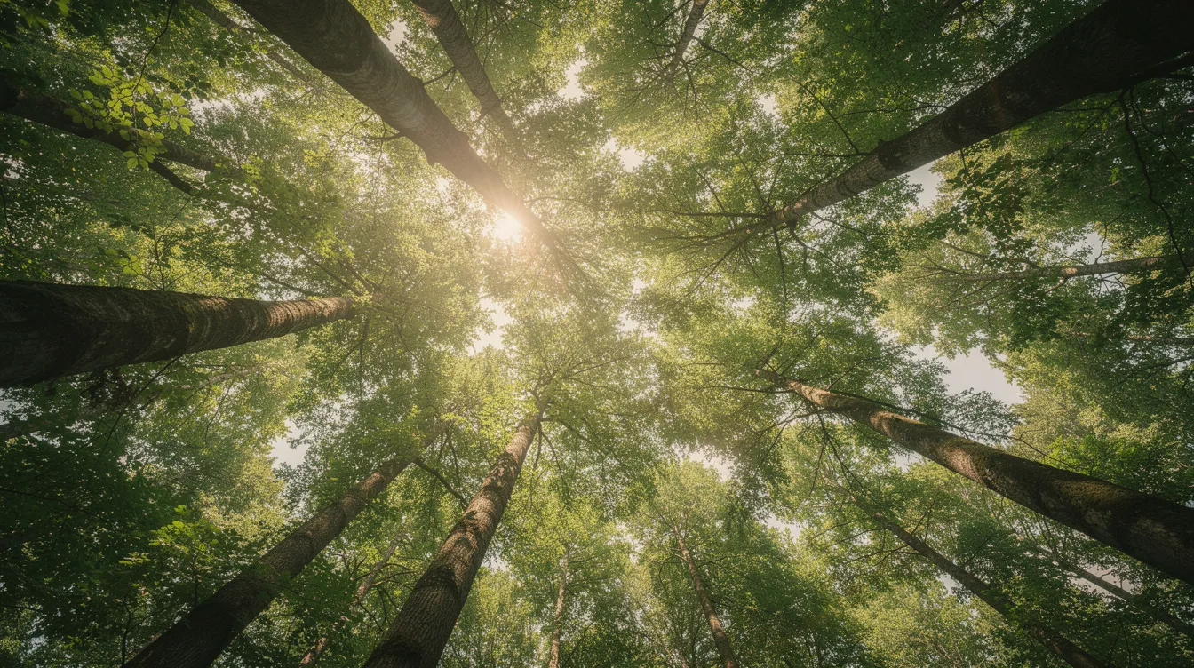 Widok na korony drzew z dołu, gdzie światło słoneczne prześwituje przez zielone liście, tworząc efektowne wzory na leśnej ści&oacute;łce. W tle widać młode drzewa oraz bogactwo runa leśnego, kt&oacute;re tworzy harmonijną przestrzeń wśr&oacute;d wyższych warstw koron drzew.
