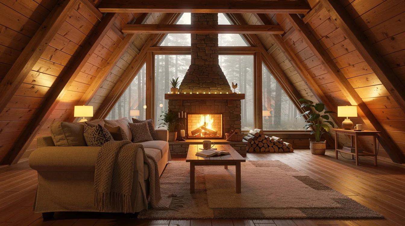 The image depicts a cozy interior of an A-frame home, featuring exposed wooden beams and a large triangular window that floods the living space with natural light. A stone fireplace adds warmth to the inviting atmosphere, characteristic of modern A-frame architecture.