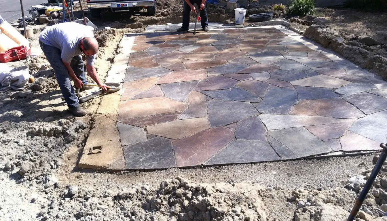 The image depicts a professional installation of a natural stone driveway, showcasing the proper preparation and laying technique with durable paving slabs. The outdoor space is transformed with an elegant arrangement of slate and sandstone, highlighting the beauty and functionality of the paving products used.