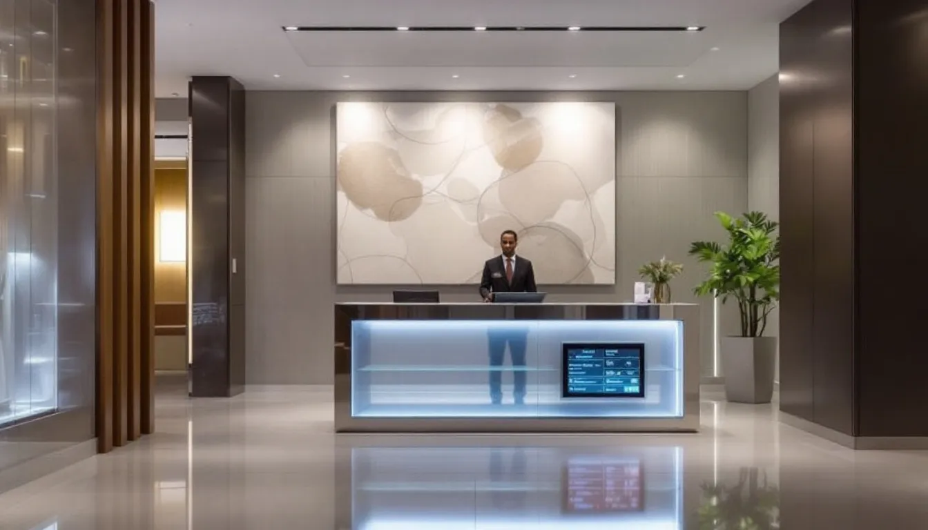 In this modern hotel lobby, a sleek reception desk is prominently featured, surrounded by various financial documents that reflect the hotel's accounting practices. The setting highlights the importance of effective management and financial reporting within the hospitality industry, showcasing valuable business insights for hotel owners and operators.