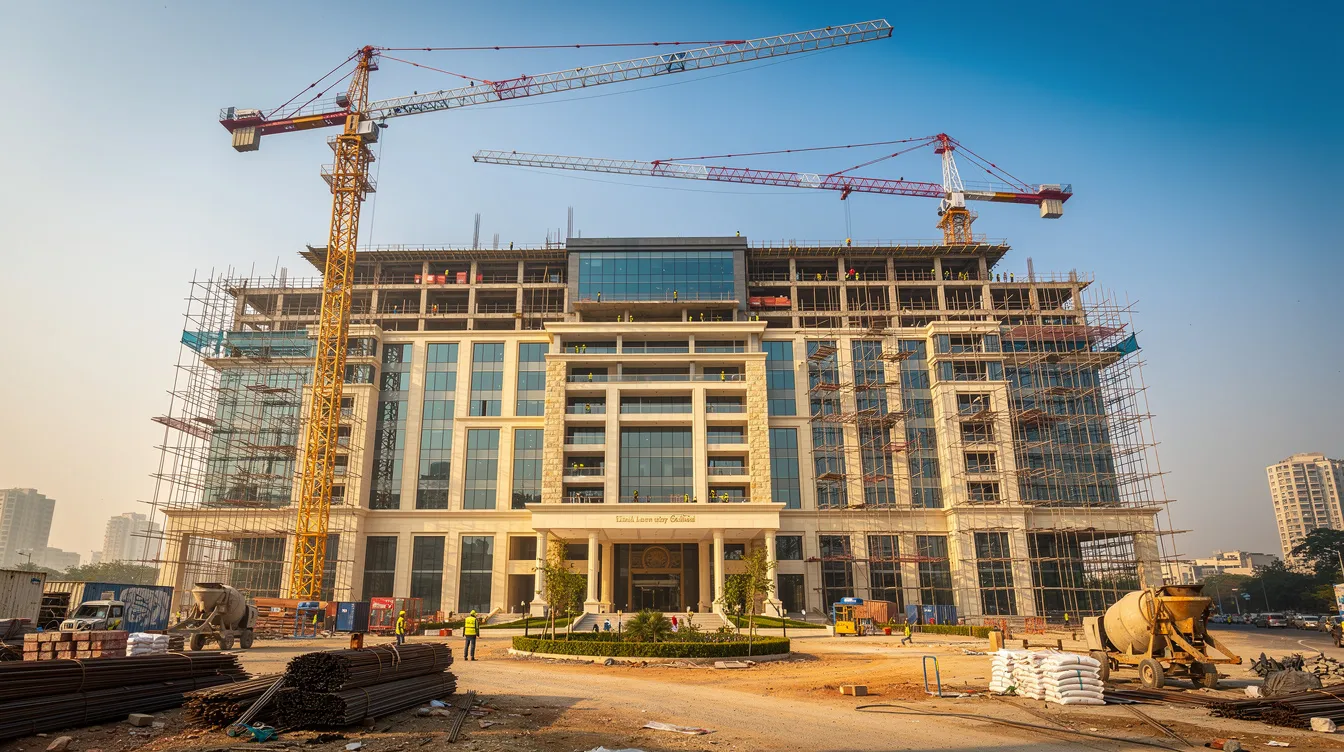 The image depicts a large luxury hotel under construction in India, featuring cranes and scaffolding set against a clear blue sky. This hotel project highlights the significant hotel construction costs and development costs involved in the hospitality industry, showcasing the modern building methods and associated costs of creating a five-star hotel.