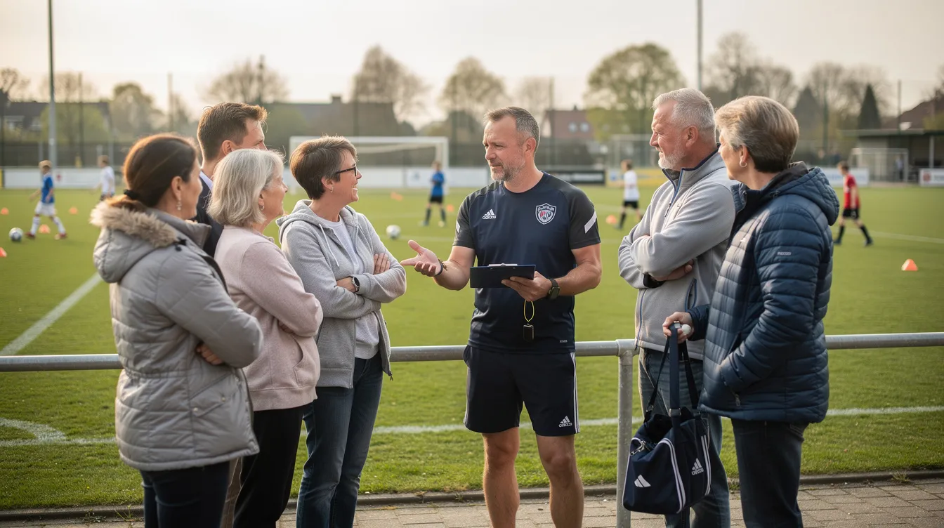 Eine Gruppe von Eltern und Trainern steht am Rand eines Sportplatzes und führt ein gemeinsames Gespräch über die Sportangebote für Kinder und Jugendliche. Sie diskutieren über die Bedürfnisse der Kinder und die Möglichkeiten zur Förderung ihrer Fähigkeiten im Vereinssport.