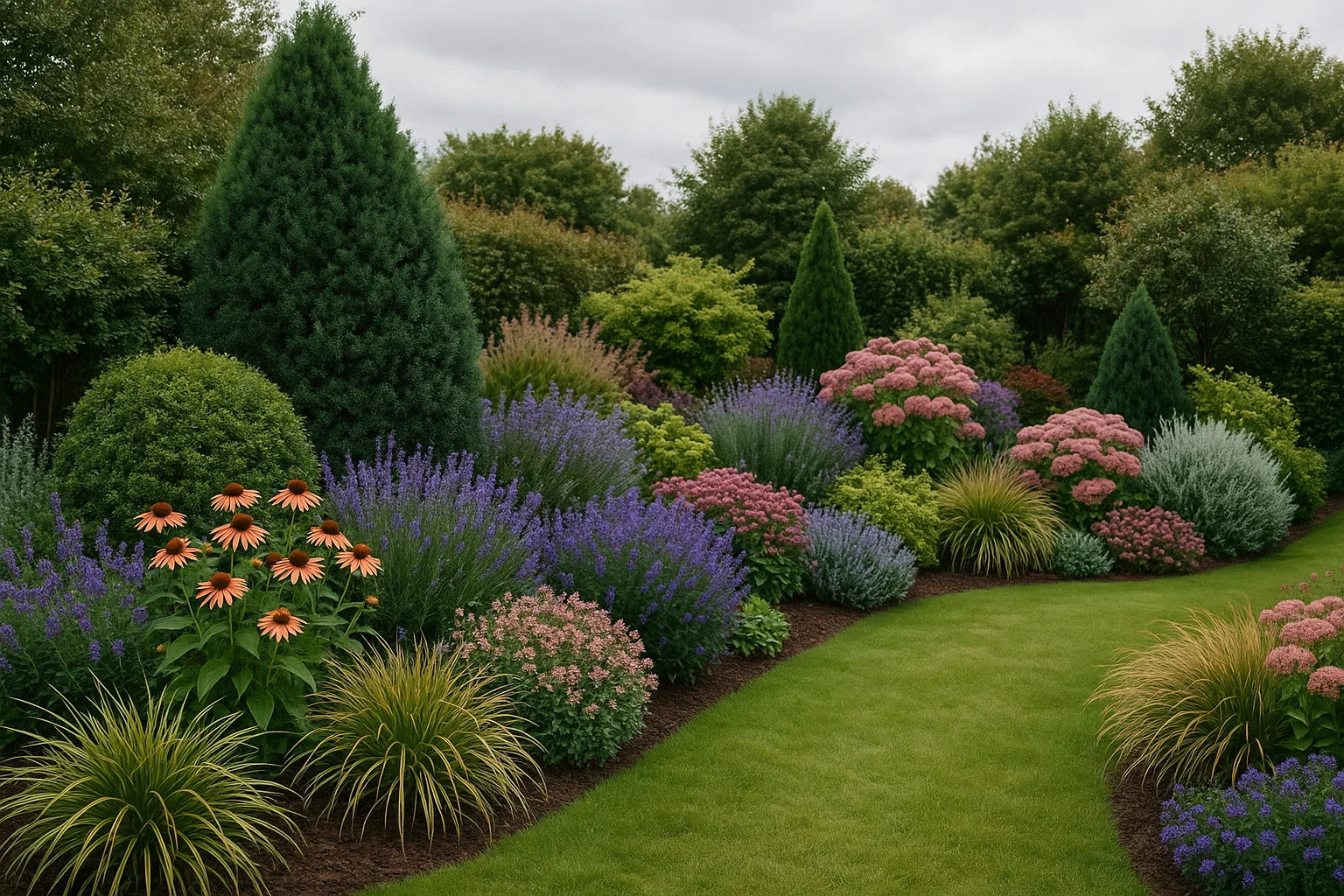 UK garden with seasonal and evergreen planting for all-year beauty.