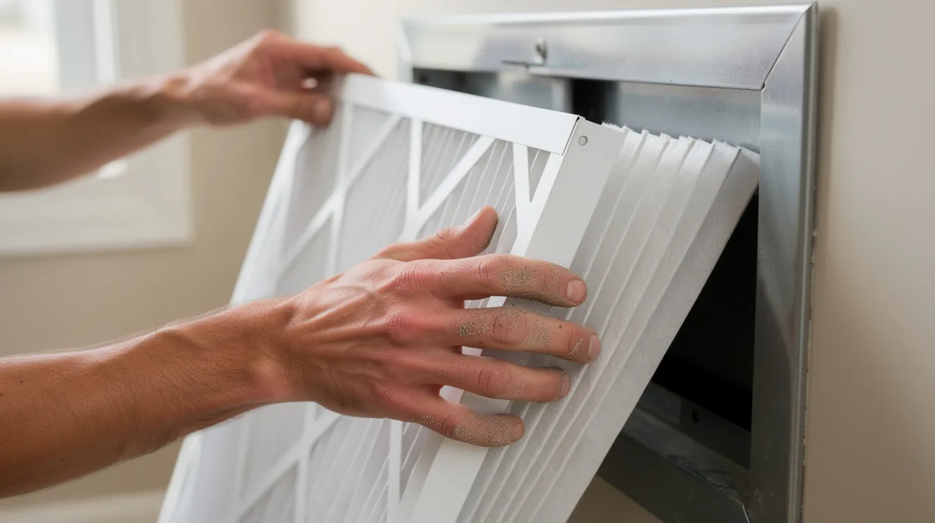 A close-up image shows hands carefully replacing a dirty air filter in an HVAC air conditioning unit, highlighting the importance of routine maintenance for optimal air quality and cooling efficiency. The focus on the filter emphasizes the role of clean air filters in ensuring the air conditioning system operates effectively, providing cool air indoors.